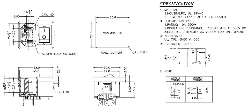 3 Pin IEC60320 C14 Male Panel Inlet Connector Plug AC Power Socket with Rocker Switch IEC Connector for Medical Equipment